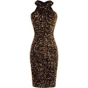 Womens Sequin Dress Sleeveless Sparkly Glitter Halter Gold Black